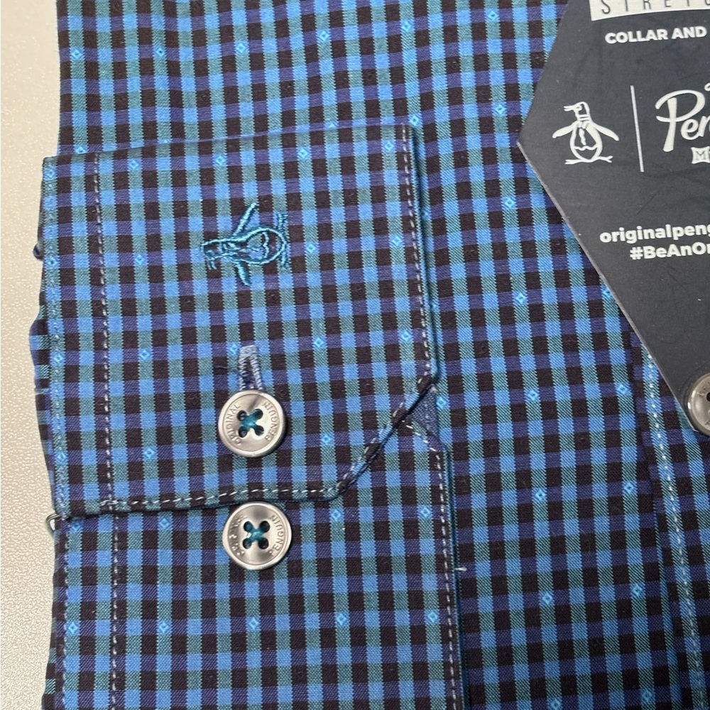 Original Penguin Blue Plaid Heritage Slim Fit Button Down Dress Shirt 15.5 NWT - Picture 3 of 4
